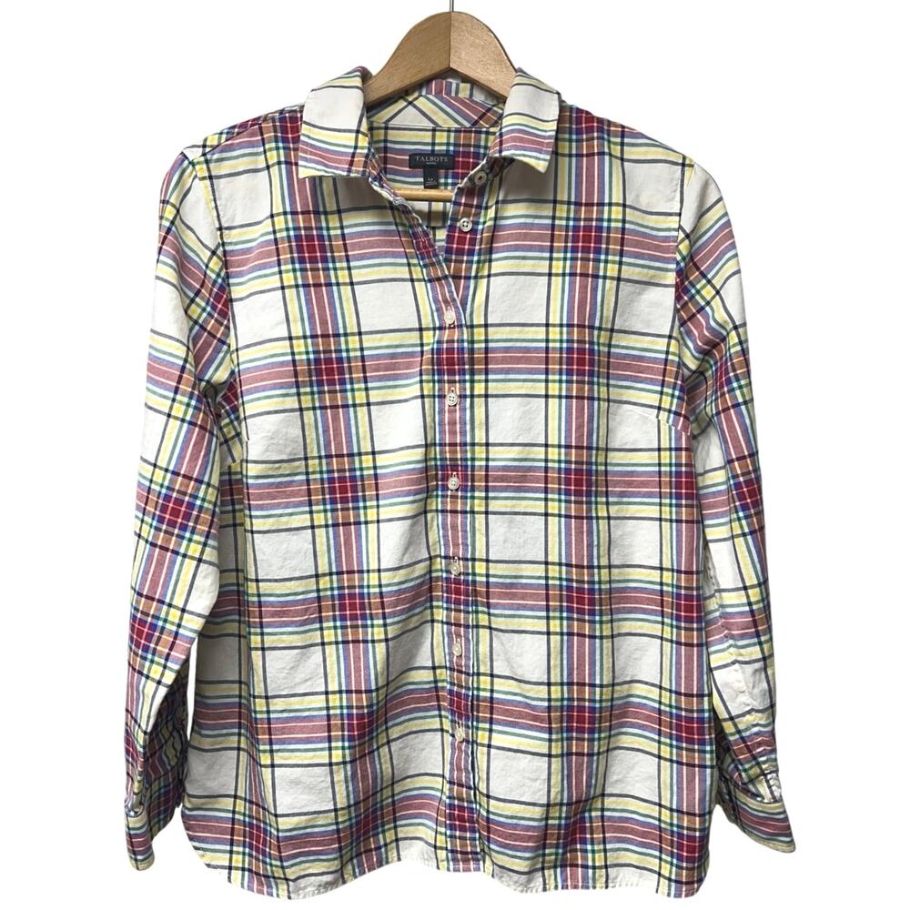 Talbots White Red Blue Plaid Long Sleeve Button Up Blouse Top Large Petite